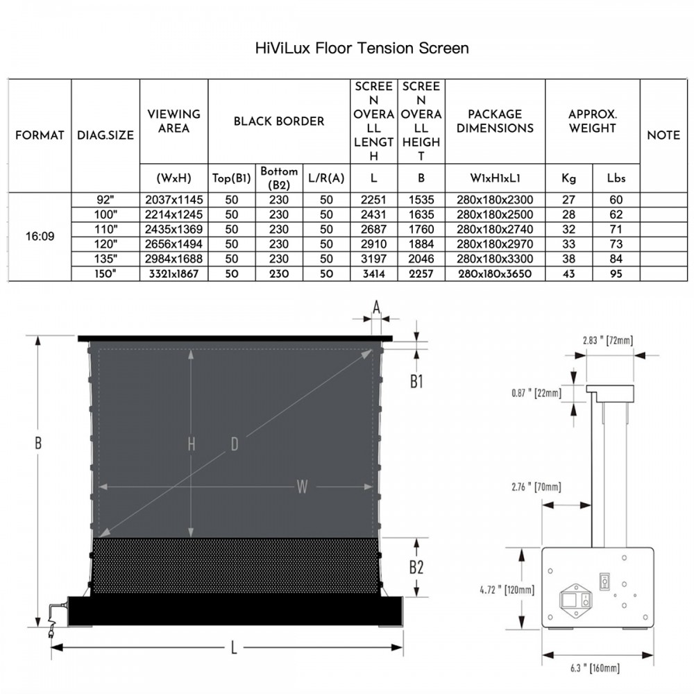 16:9 Bild:234x137cm 110 Diagonal, Black HiViLux Tension CLR/ALR Motor Leinwand Dualspann System für UST-Beamer/Laser TV HiViPrism Cinema HDR Hochkontrast/8K/4K/3D 